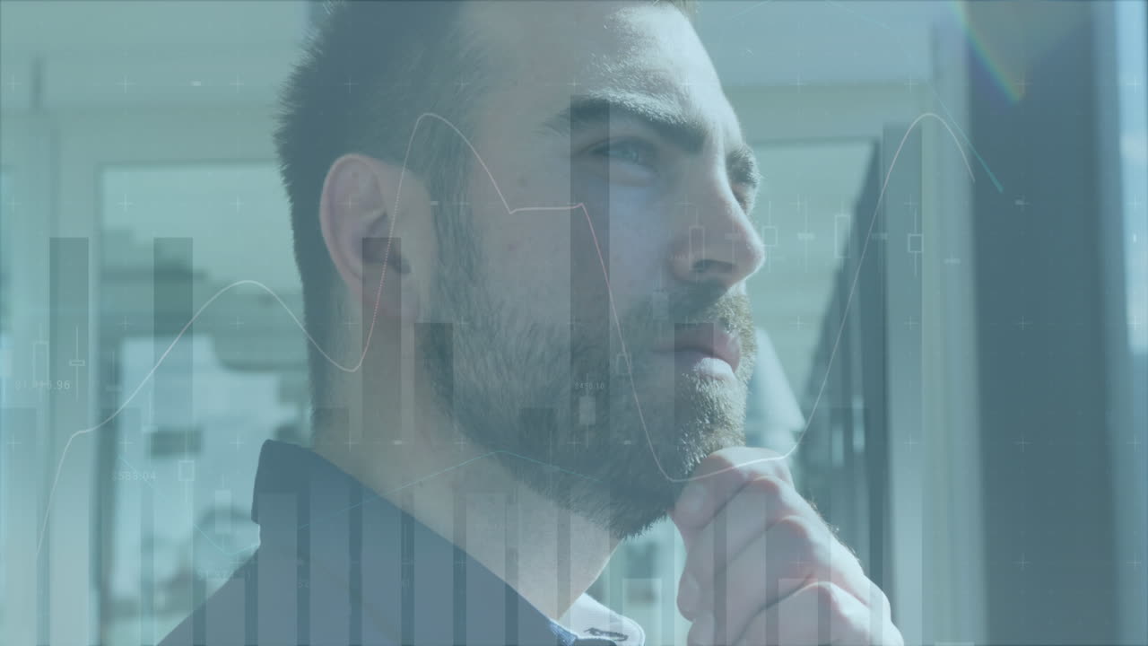 Animation of multiple graphs over thoughtful caucasian bearded man with hand on chin looking away