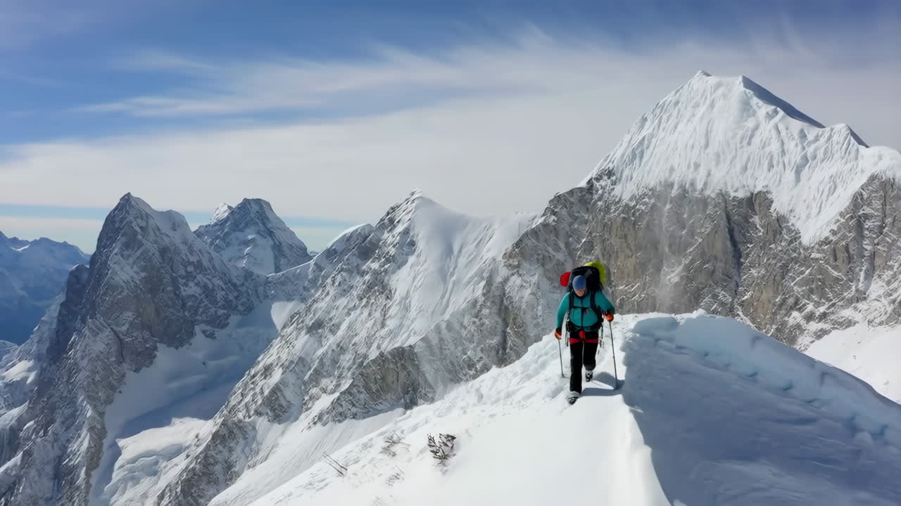 Solo climber traversing a snowy mountain ridge