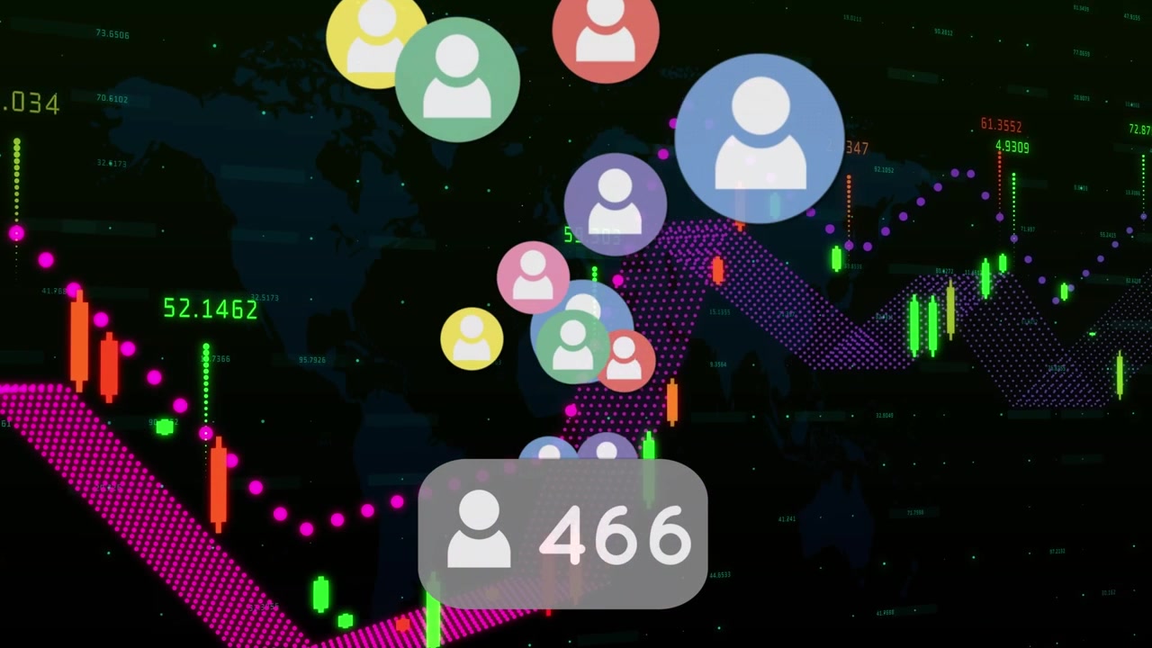Animation af medieikoner og databehandling på sort baggrund