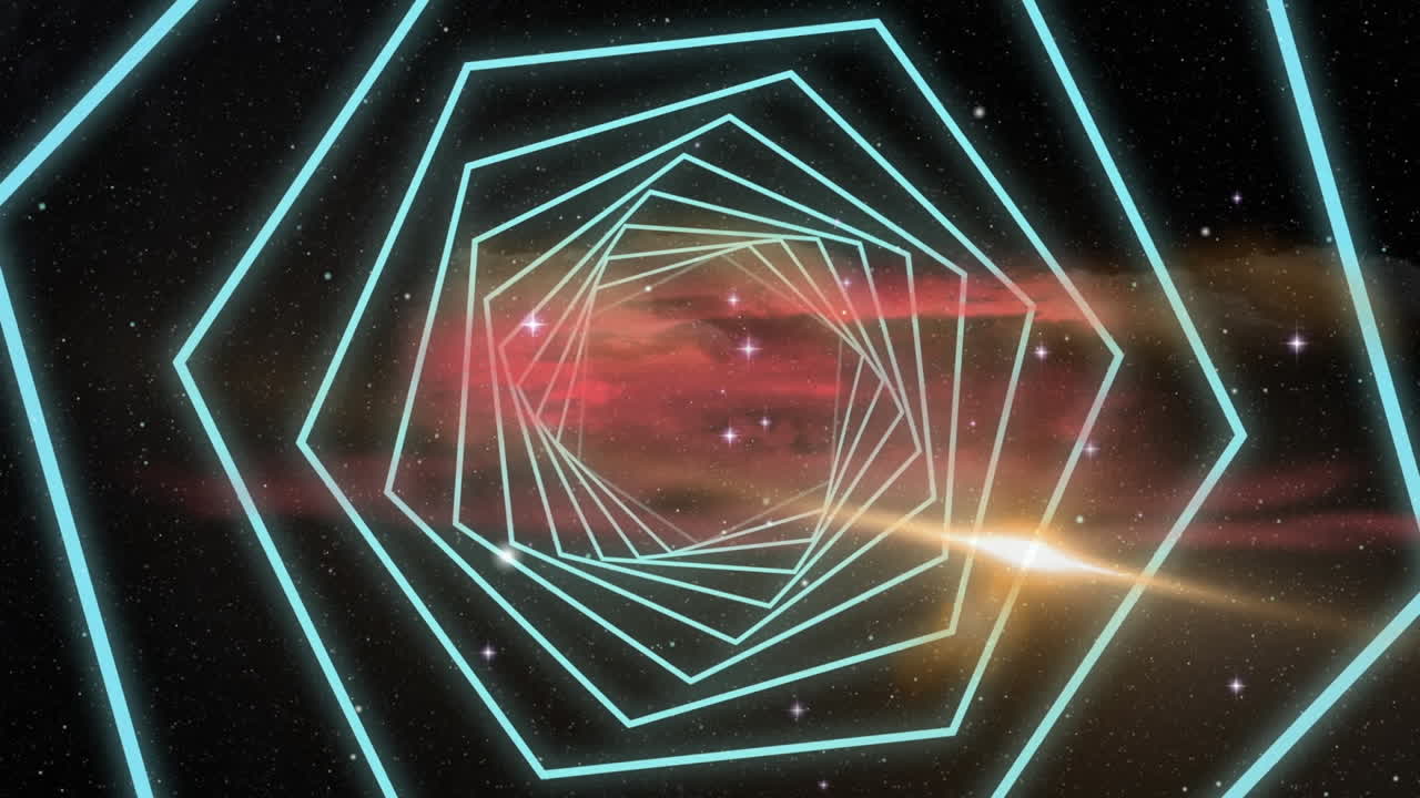 animación digital de formas hexagonales que giran en movimiento sin fisuras contra estrellas brillantes en el espacio