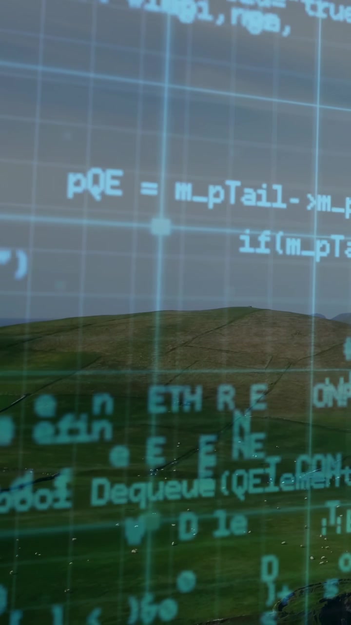 Vertical video: Blurred overlay starting, teal code sliding to grid node, clearing, revealing hill