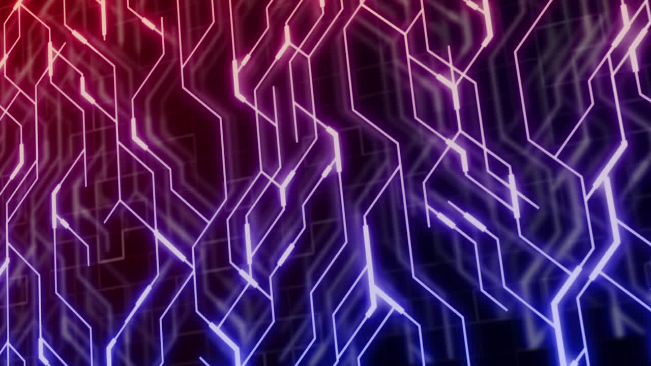 Animation of neon integrated circuit on black and violet background