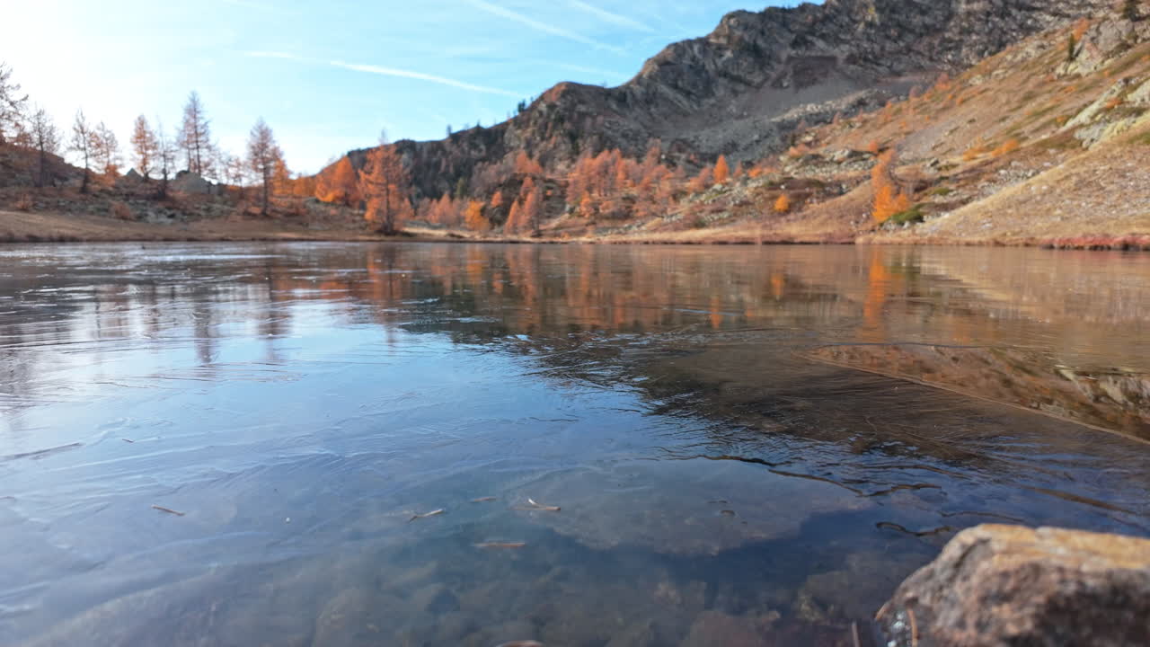Lake view in autumn with reflections and mountain backdrop, calm mood