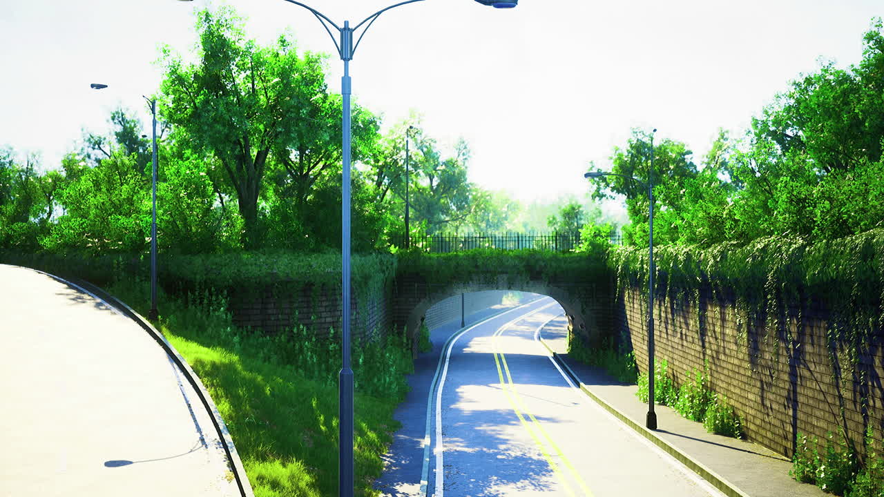 Scenic urban pathway with lush greenery and sunlight filtering through trees