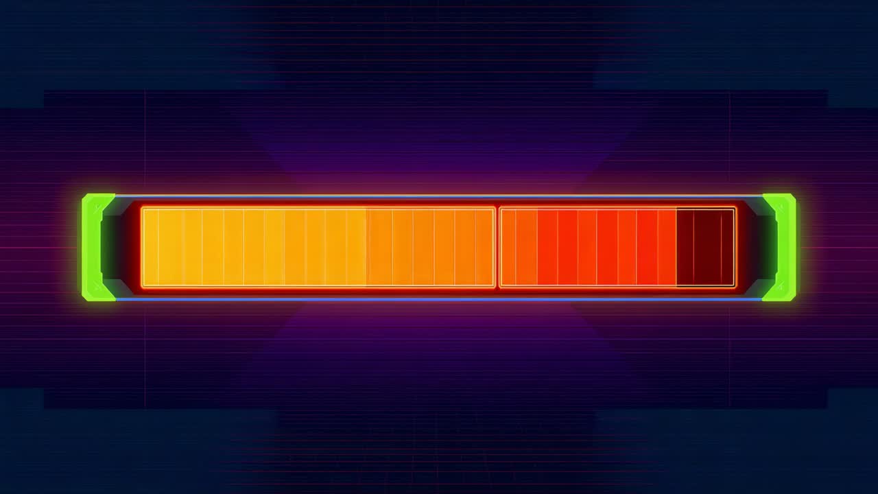 Sliding dark marker scanning neon bar on navy-purple HUD as frames advance, showing progress to red