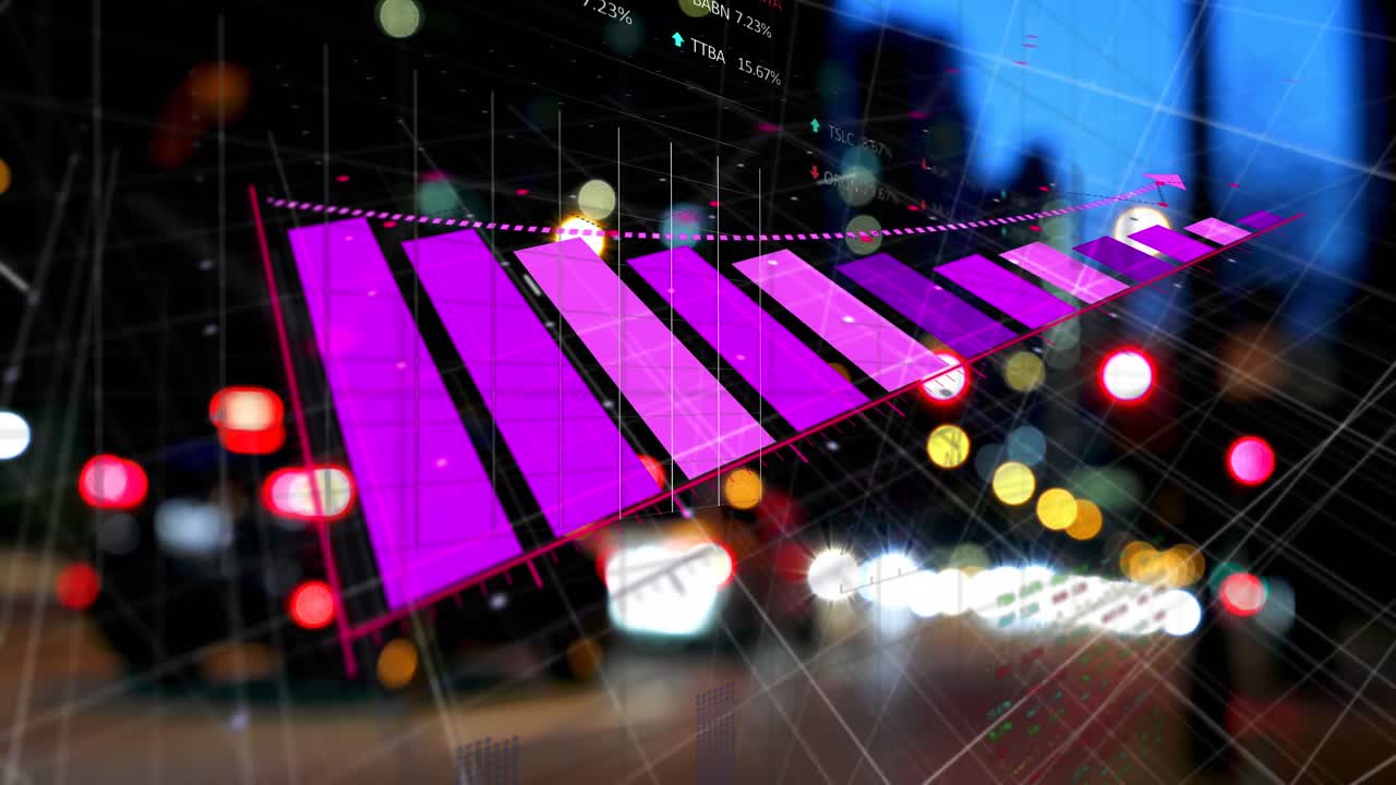 도시 풍경 위의 그래프 및 데이터 처리의 애니메이션