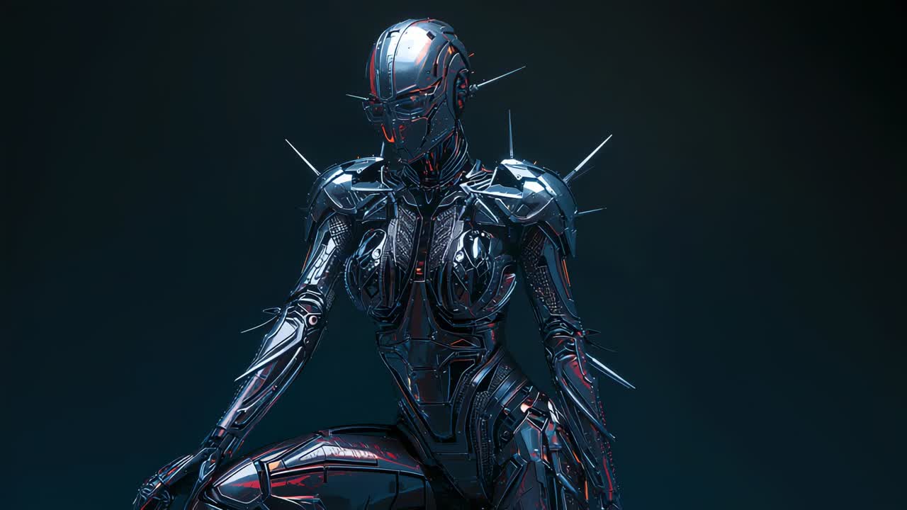 Starting camera zooming around robot in dark lab, with metallic spikes and ember particles