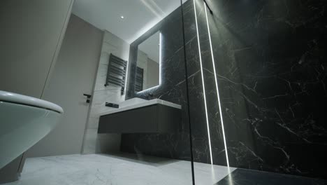 contemporary bathroom with marble accents and vertical lighting