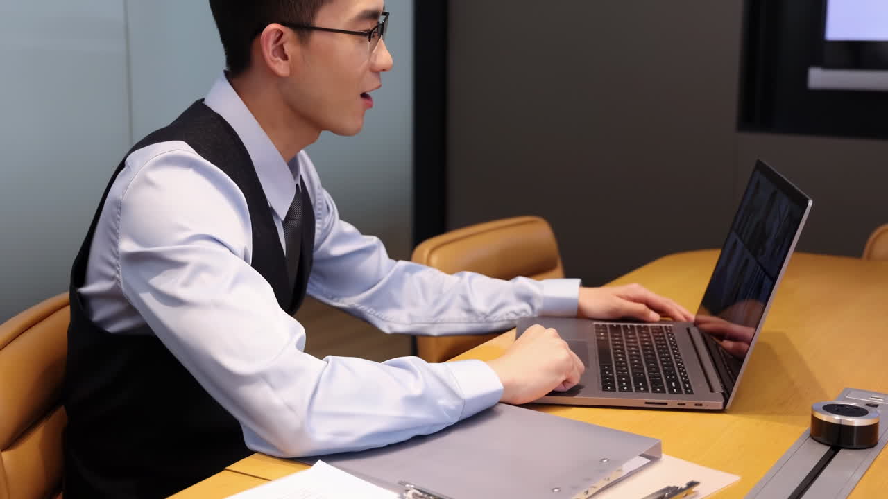 Chân dung người đàn ông tự tin đang vui vẻ mỉm cười, giao tiếp toàn cầu bằng công nghệ hiện đại. Các doanh nhân, nhân viên, người tham gia cuộc gọi video hiển thị trên màn hình máy tính xách tay.