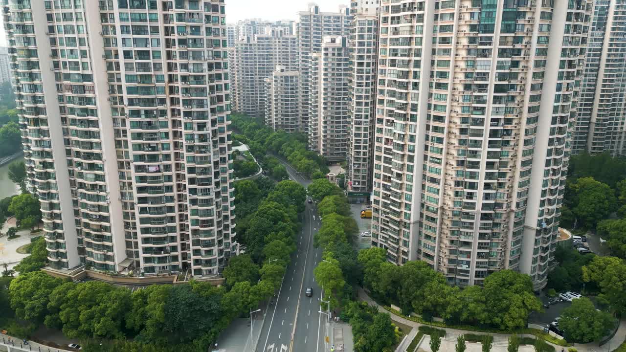 중국 상하이 시내의 푸투오 주거 지구의 공중 촬영