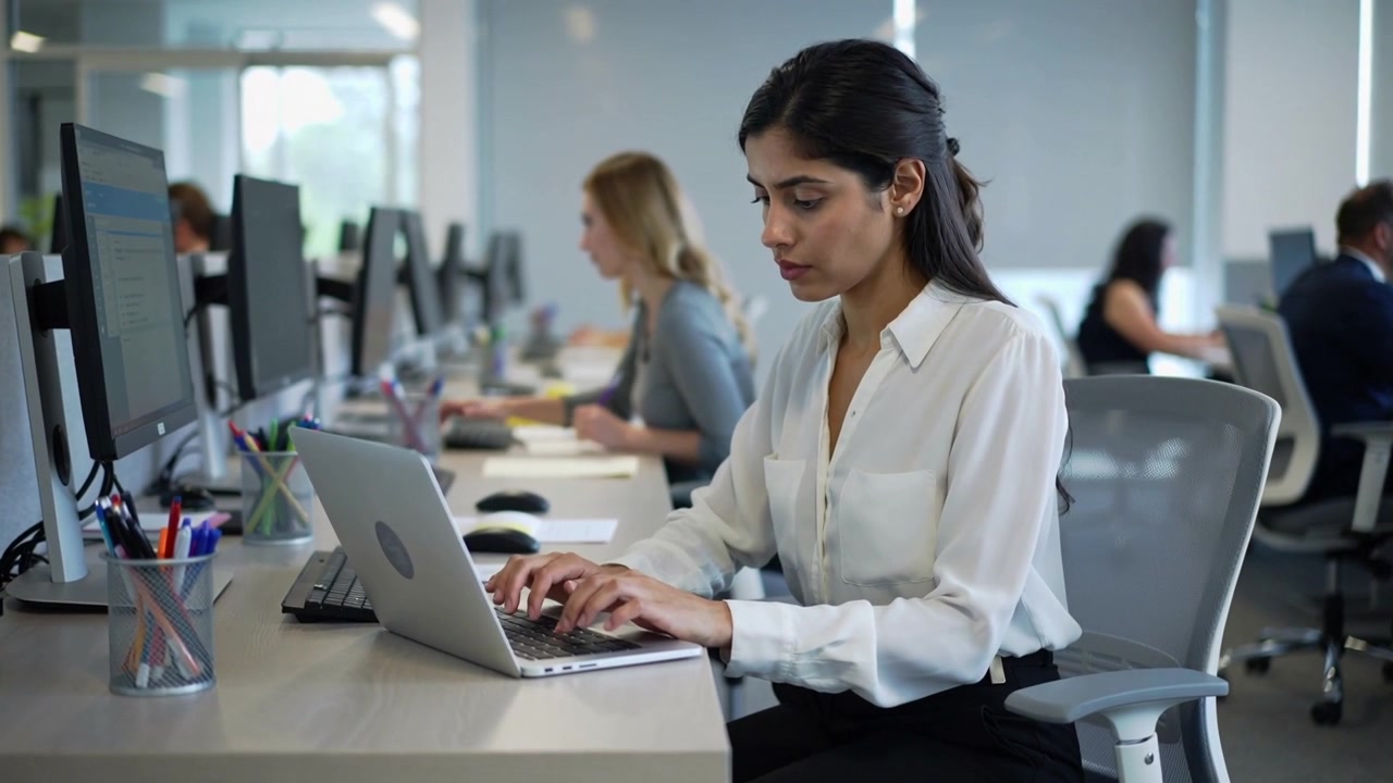Eine sitzende Frau in weißer Bluse arbeitet, tippt auf einem silbernen Laptop und überprüft einen Monitor im Büro.