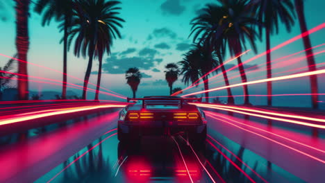 cars of cyberpunk road scene with palm tree in ai