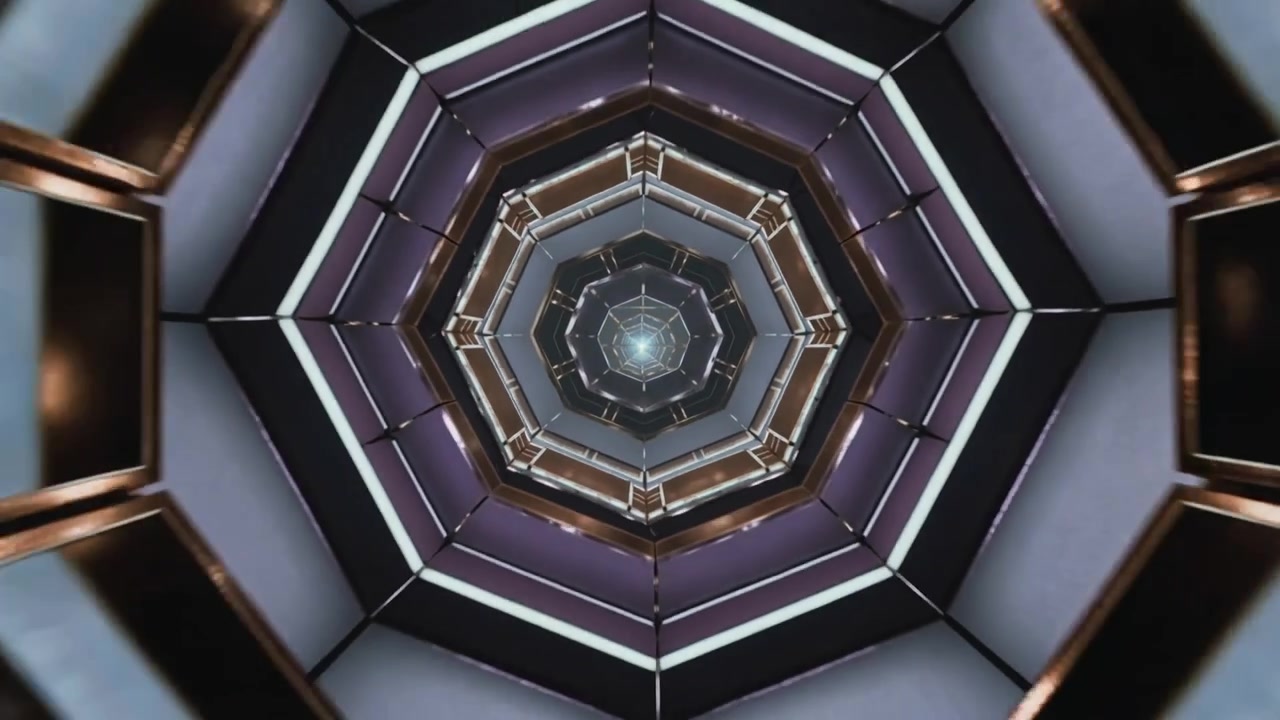 Camera pulling back revealing hexagon mirror tunnel growing rings and pulsing LEDs showing layers