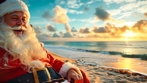 a man dressed as santa claus sitting on a beach chair on the beach