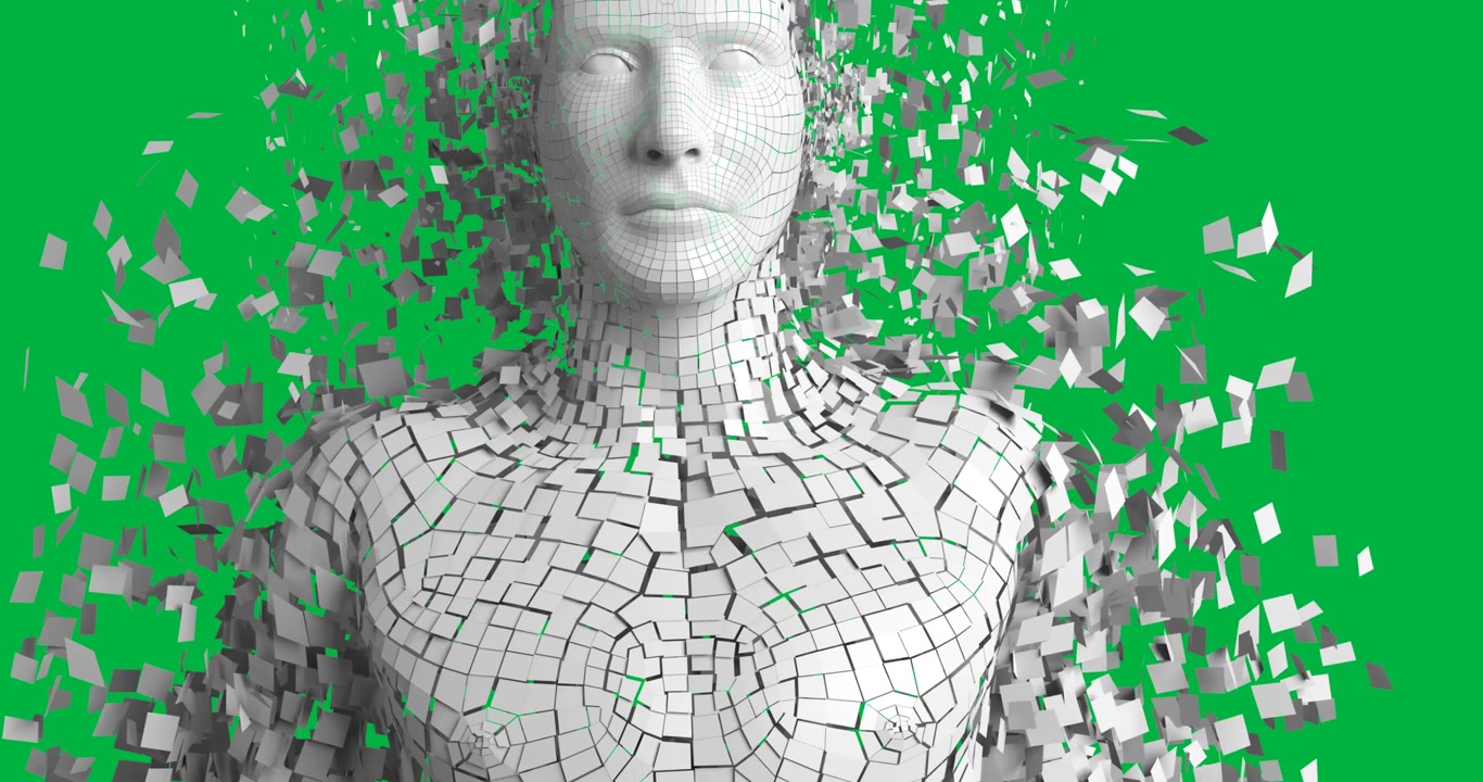 Frammenti che appaiono da sinistra rivelando un busto a mosaico che si disgrega, con le piastrelle che formano un'aureola su un vuoto trasparente.
