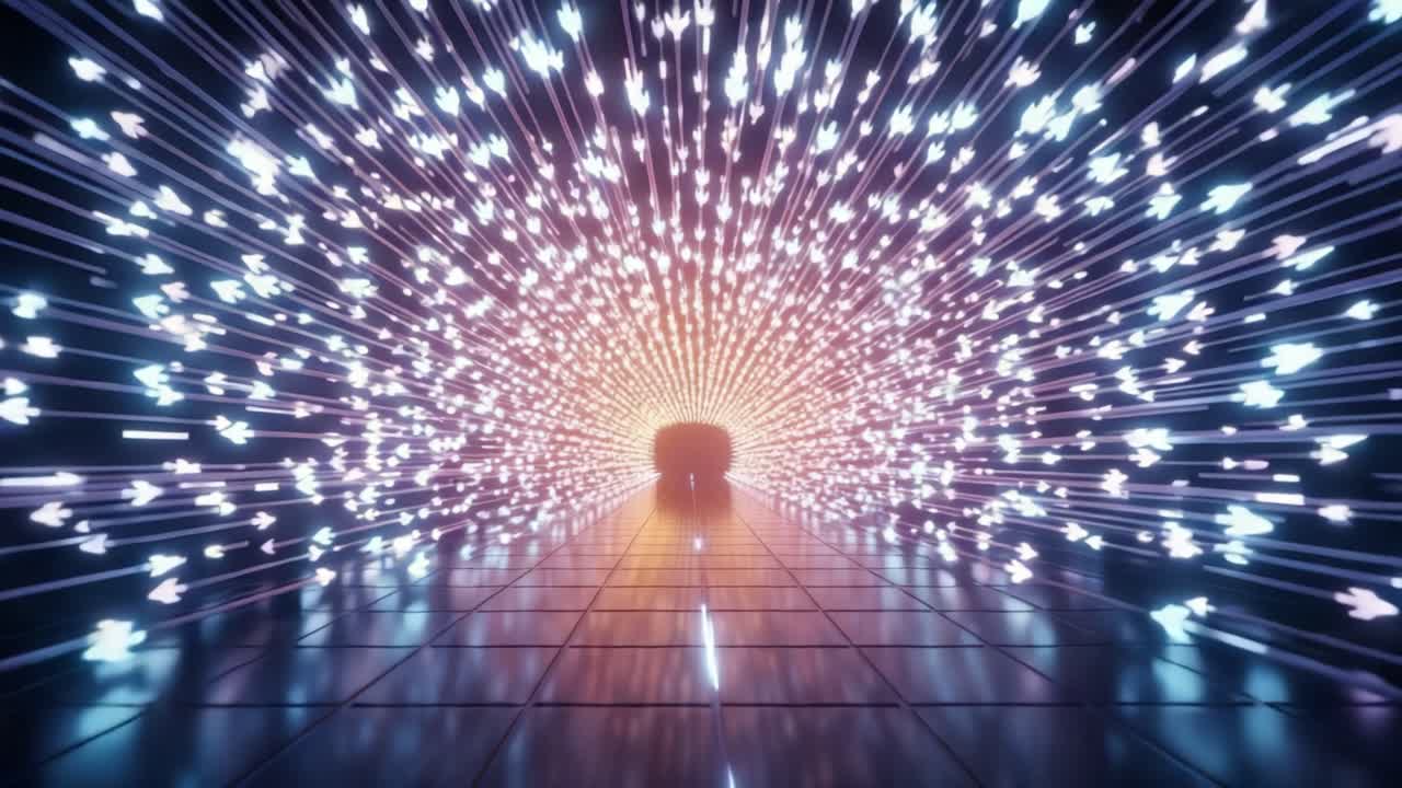 A mesmerizing tunnel of light radiates vibrant arrows, leading into a captivating void, creating an immersive experience of depth and motion with dynamic patterns