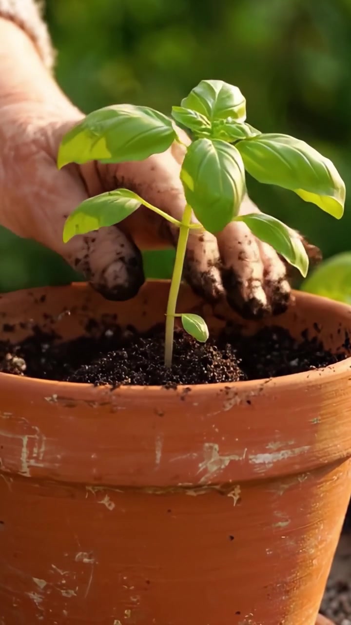 Cultivando Vida: Un Primer Plano de Manos Plantando una Plántula Fresca de Albahaca en una Maceta de Terracota, Enfatizando la Conexión entre la Naturaleza y las Habilidades de Jardinería