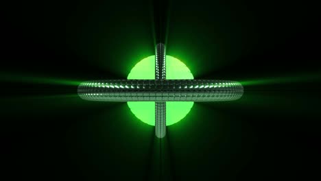 giro de una bola geométrica futurista construida a partir de cuadrados. órbitas que se mueven alrededor de la esfera de neón. patrón sin costuras.