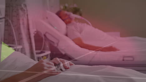 statistical data processing and heart rate monitor over caucasian male patient on hospital bed