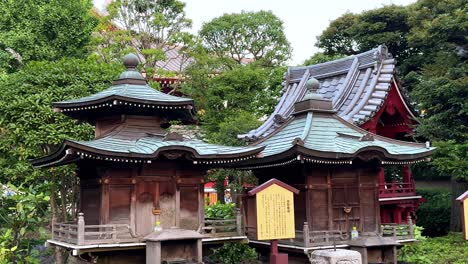 edificios de santuarios japoneses tradicionales ubicados en un jardín verde exuberante