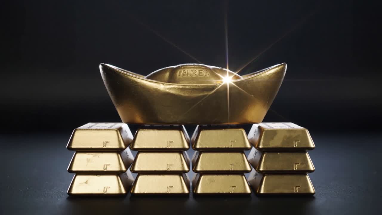 暗いテーブルトップ上の金色の山を横切る動く光が、舟形元宝の上で光芒を作り出す。
