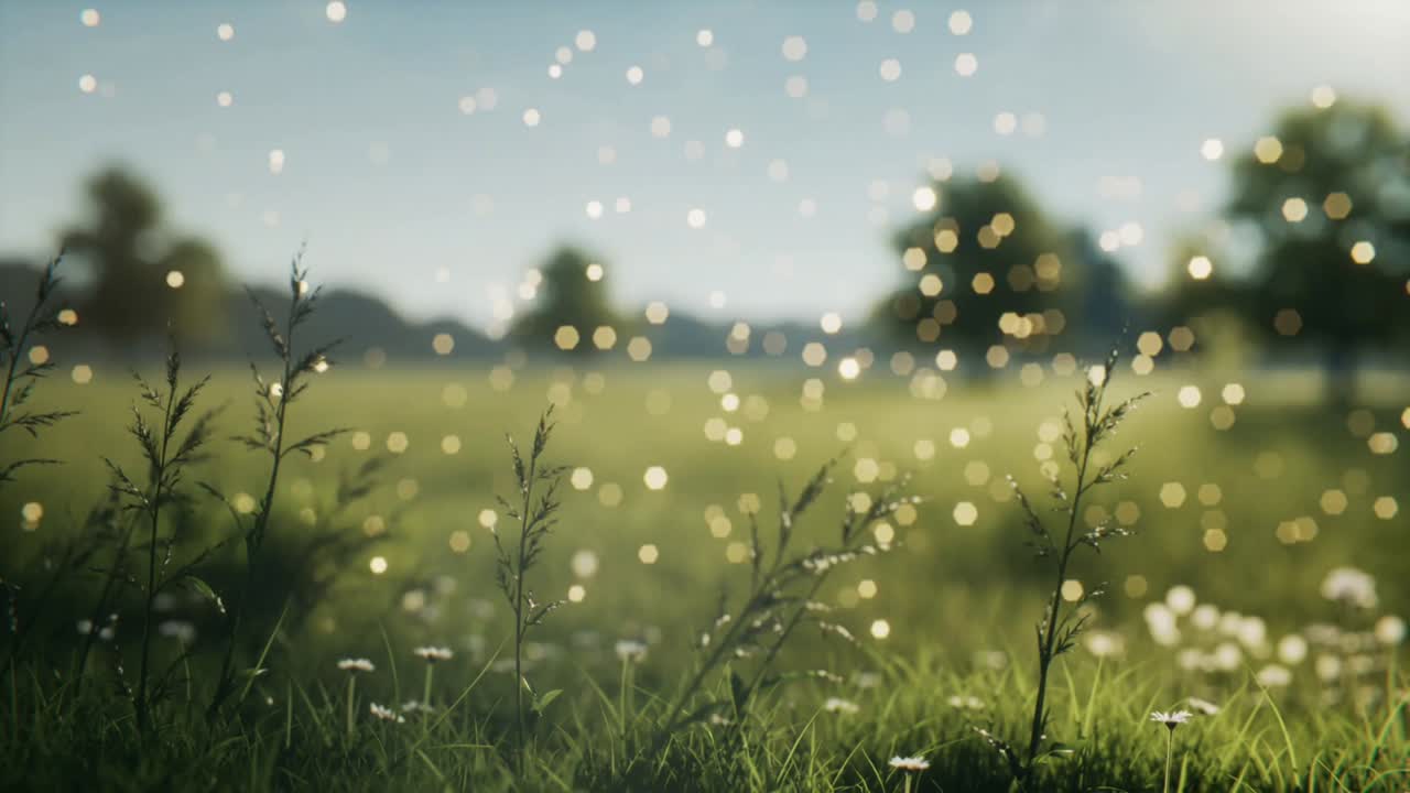 Swaying foreground grasses and daisies responding to sunlight and breeze in meadow, drifting motes