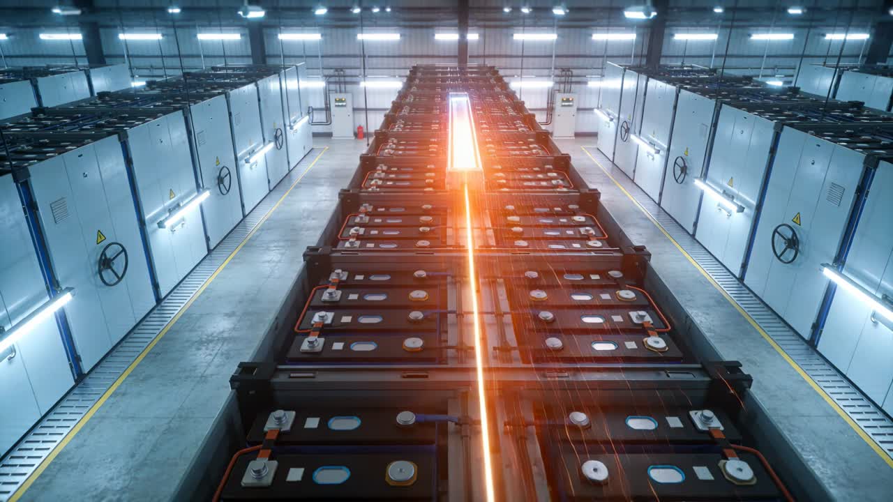 Receiving start command transfer head powering on rail in battery plant, sending energy to racks