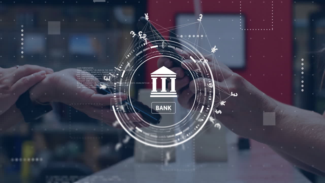 Animation of bank sign, network and data processing over caucasian man paying with smartphone