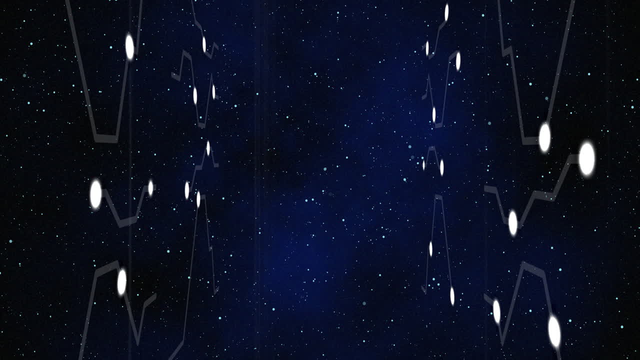 Animation of glowing white points with light trails moving on night sky with stars