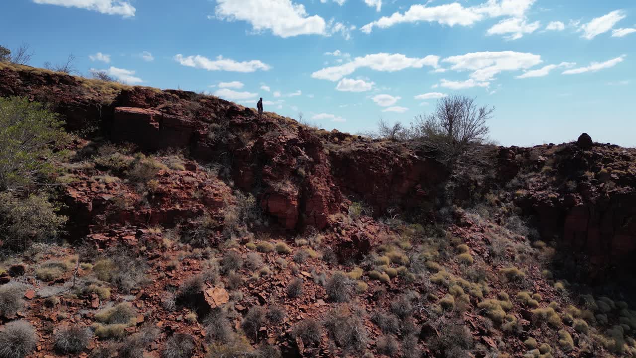 Slow Motion Footage Of Man Standing At Edge Of Mountain In Hiking Adventure, Australia's Desert