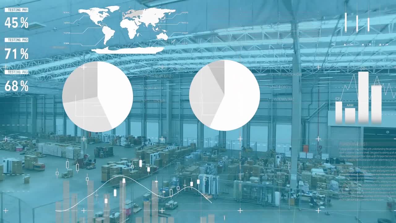 animación del procesamiento de datos estadísticos frente a una vista aérea de un almacén