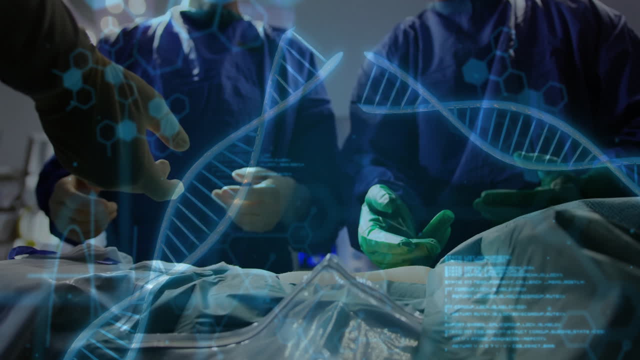 DNA strands and data processing animation over surgeons performing operation