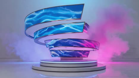 futuristic spiral led display sculpture with neon lights and smoke