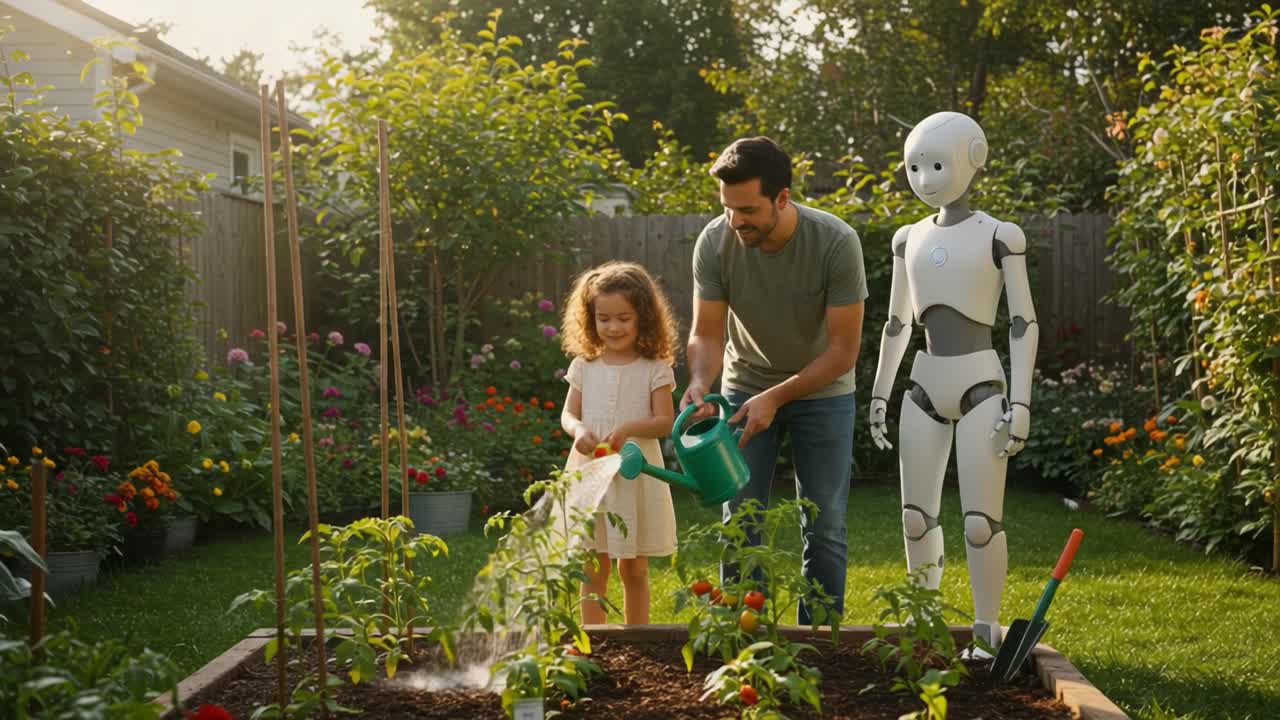 A Child, a Parent, and a Robot Collaborate in a Vibrant Garden, Showcasing the Harmony of Technology and Nature in Daily Gardening Activities