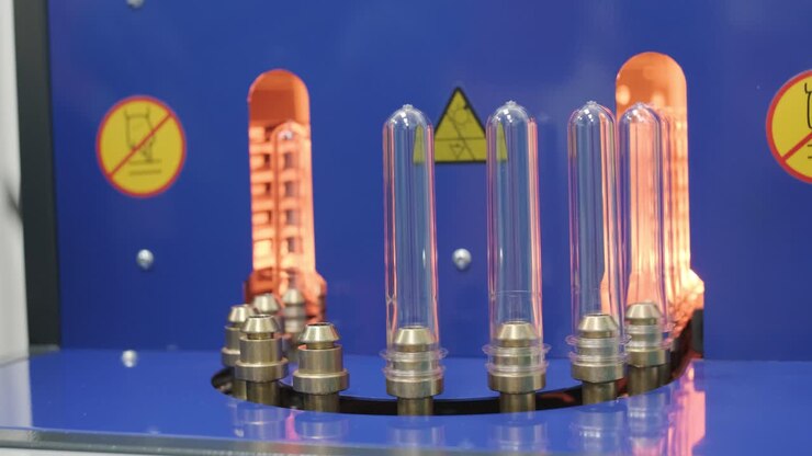 Manufacturing of bottles plastic line, bottle plastic hot blow process transportation raw material by automatic conveyor in the industrial factory