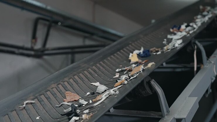 rubber fragments traveling on conveyor during recycling process
