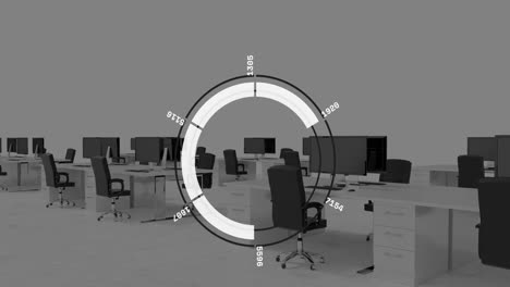 animación del procesamiento de datos a través de un escáner redondo contra una oficina vacía