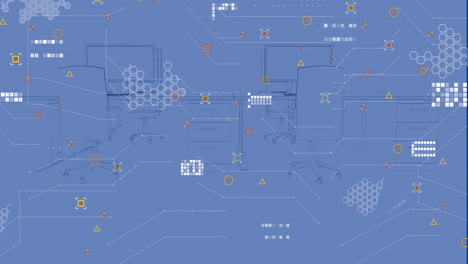 Animation-of-computer-circuit-board-over-desks-with-computers-on-blue-background