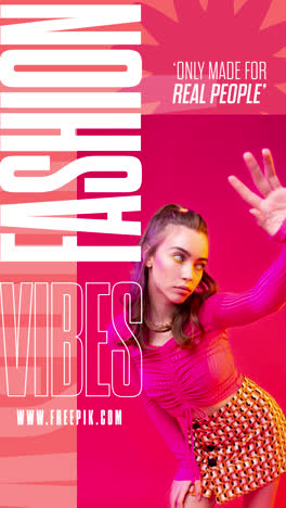 vibrant fashion vibes promotional graphic with young woman model