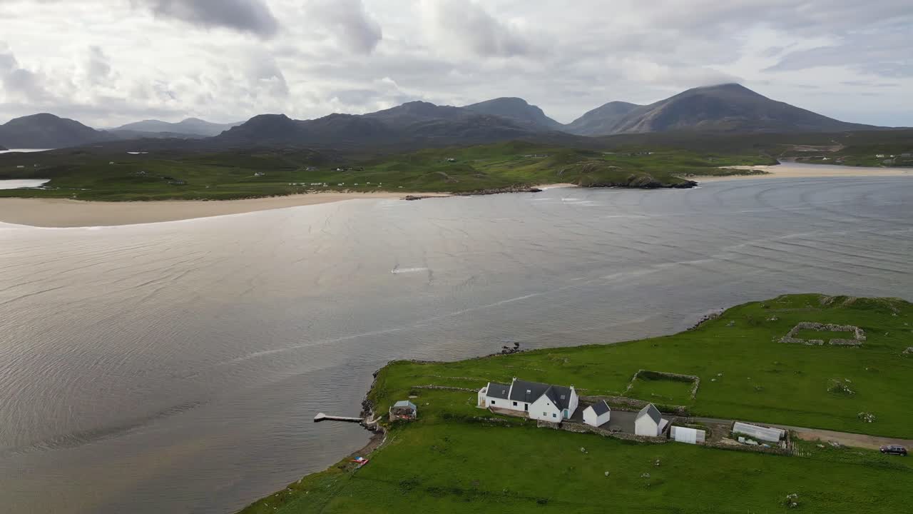 Aerial view of Uig Bay beach and hills in Isle of Lewis, Outer Hebrides