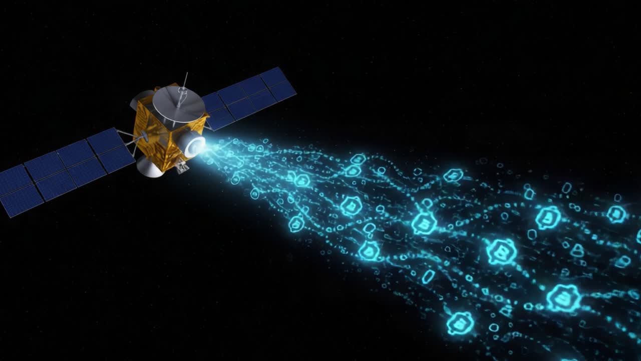 Exploring the Digital Cosmos: A Satellite Emitting Streams of Data in a Visualization of Modern Communication Technologies in Space