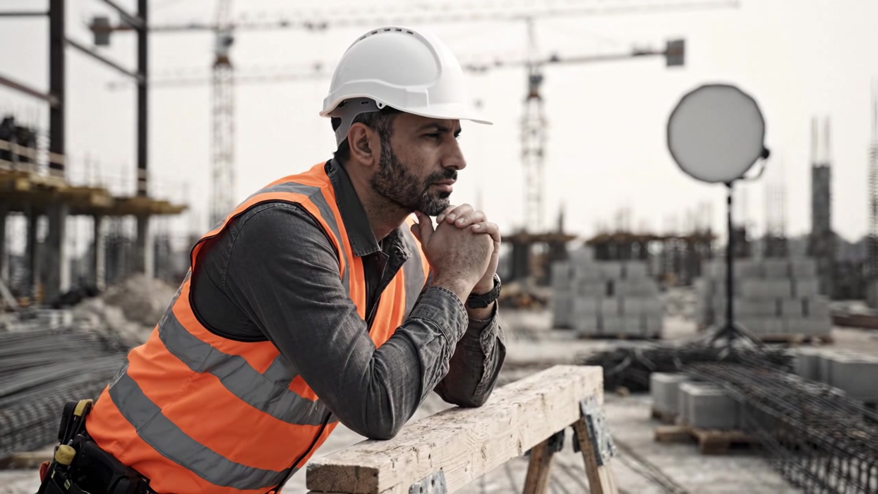 Construction Worker Reflecting on Project Challenges at a Construction Site with Equipment and Building Structures in the Background Under Overcast Sky