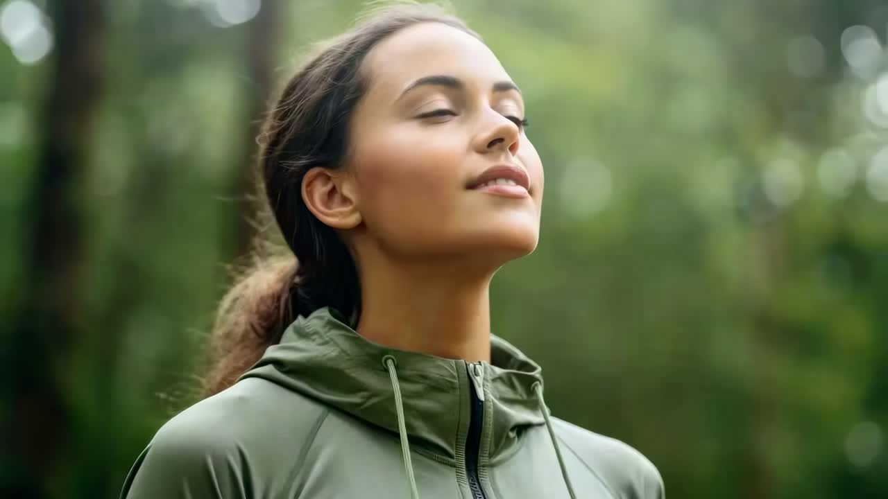 A serene video scene captures a woman in a green jacket, eyes closed, in a forest