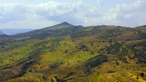 Aerial-Panorama-With-Mountain-Ranges-And-Field-Terraces-In-Maestrazgo-Landscape,-Spain