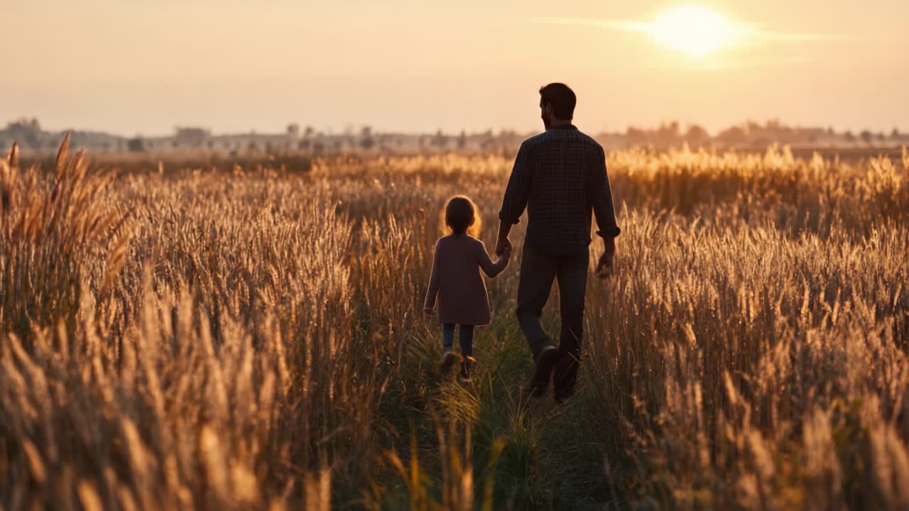 Una scena commovente di un padre e un bambino che camminano mano nella mano attraverso un campo dorato al tramonto, catturando l'essenza del legame familiare e dei momenti teneri.