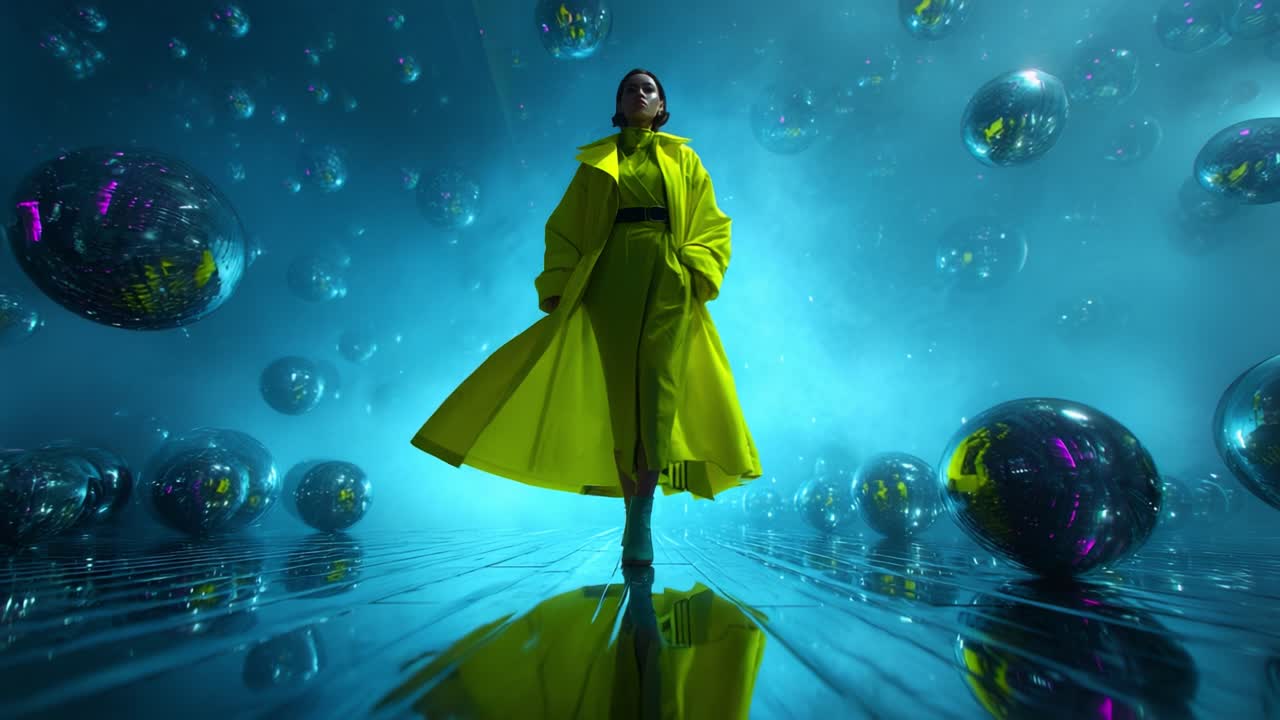 Um modelo impressionante vestindo um casaco amarelo vibrante caminha com confiança por um ambiente surreal repleto de esferas reflexivas e uma névoa azul etérea, criando uma experiência visual fascinante de moda e arte