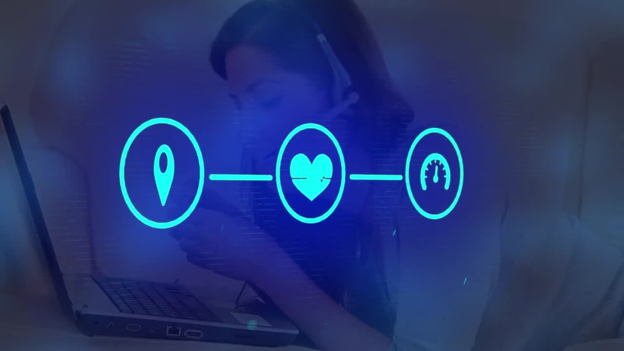 red de iconos de conexión contra mujer hablando en auriculares de teléfono