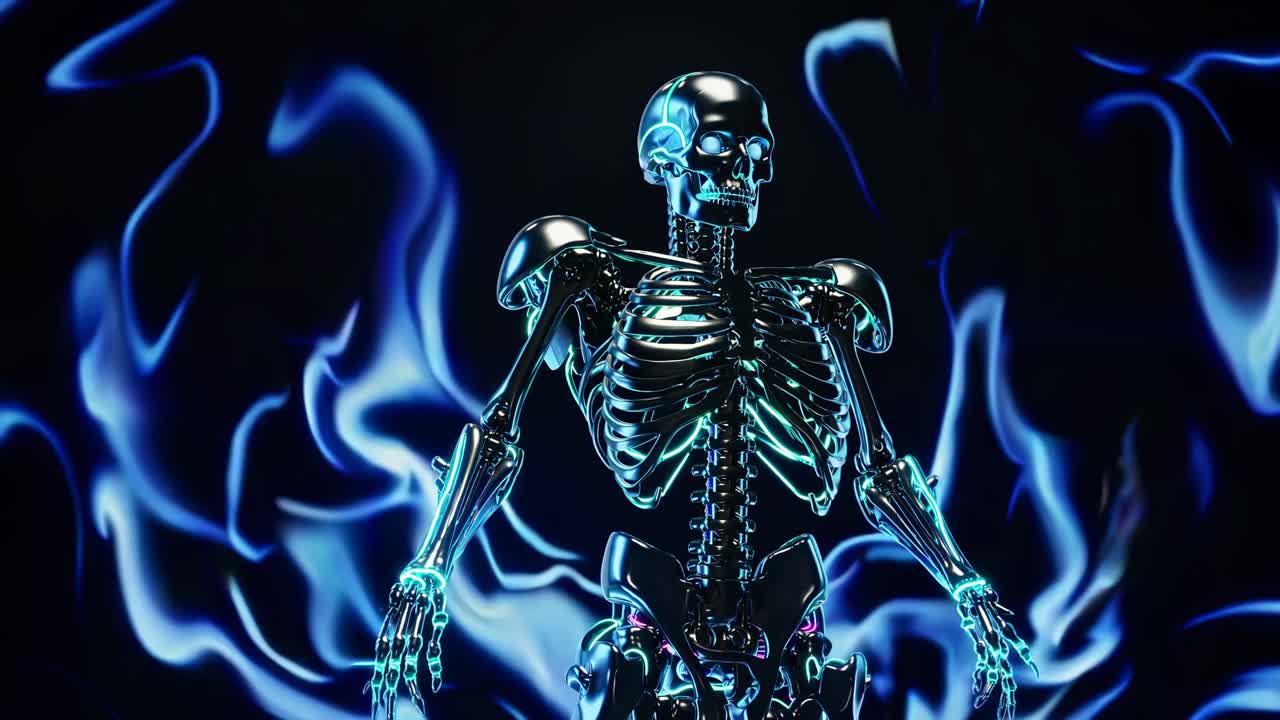 Glowing Metallic Skeleton in Sci-Fi Flames