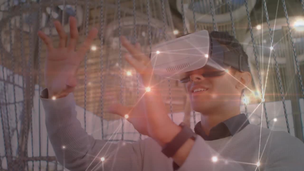 animación de la red de conexiones sobre el hombre de negocios que usa auriculares vr