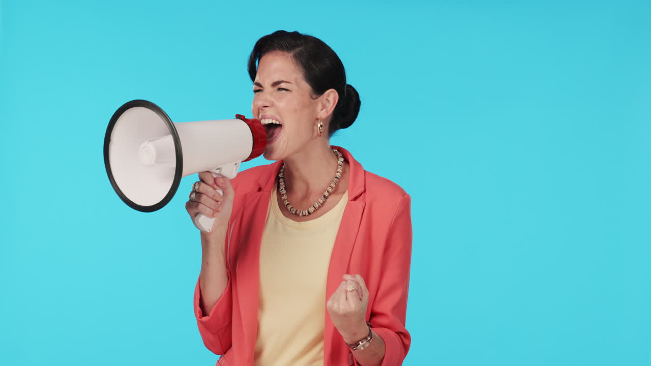 Studio, shouting or woman with megaphone